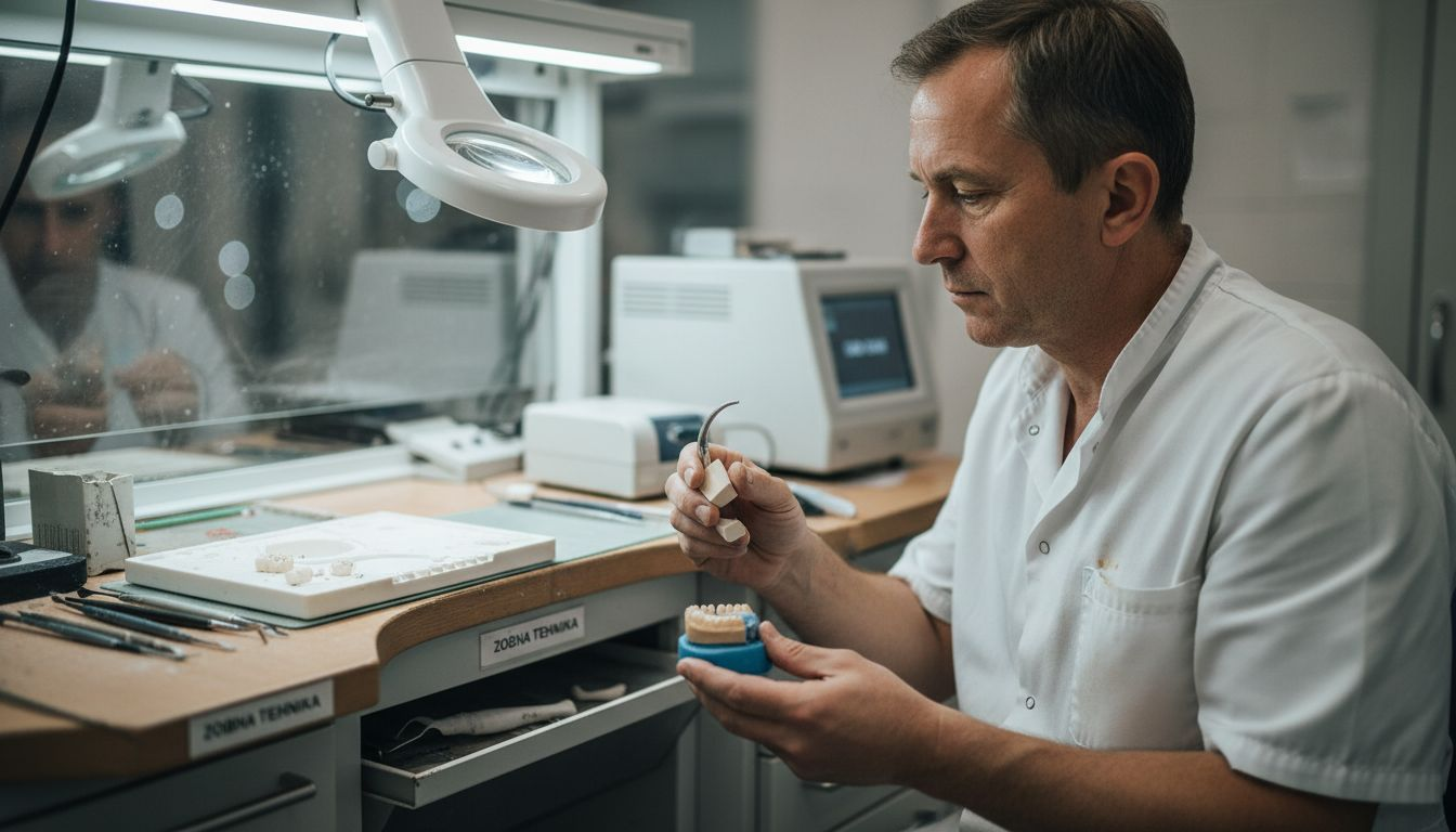 Zobotehnik za delovno mizo izbira primerne materiale za izdelavo protetičnih nadomestkov.