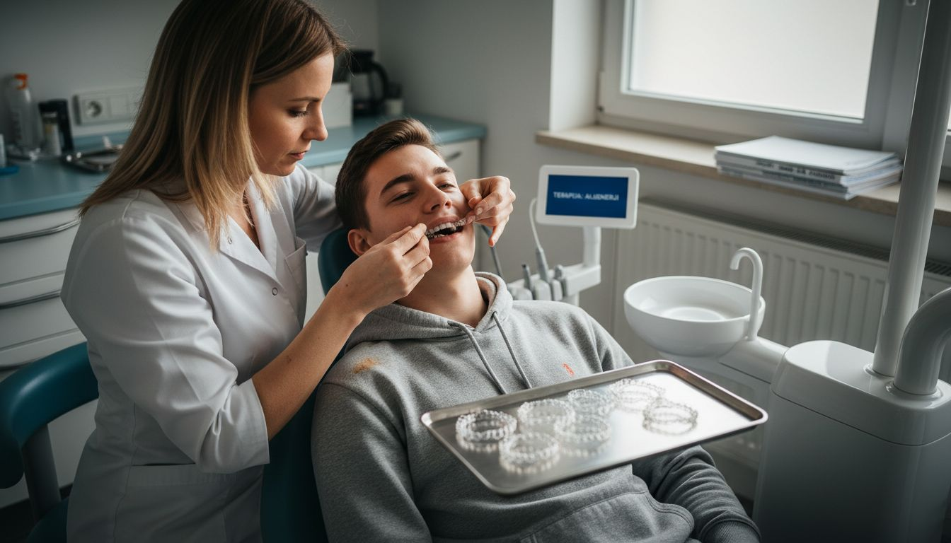 Ortodont pacientu namešča prozorne zobne opornice.