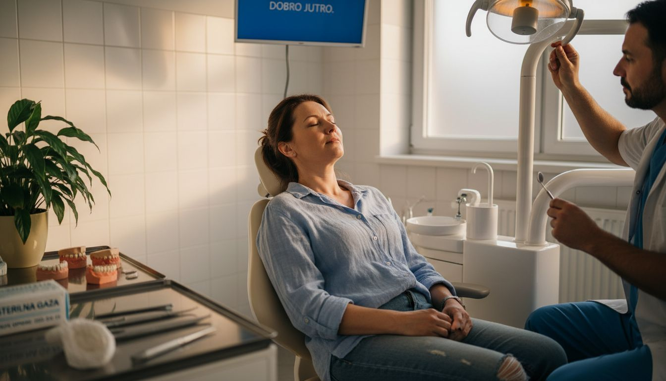 Pacient sproščeno sedi na zobozdravniškem stolu.