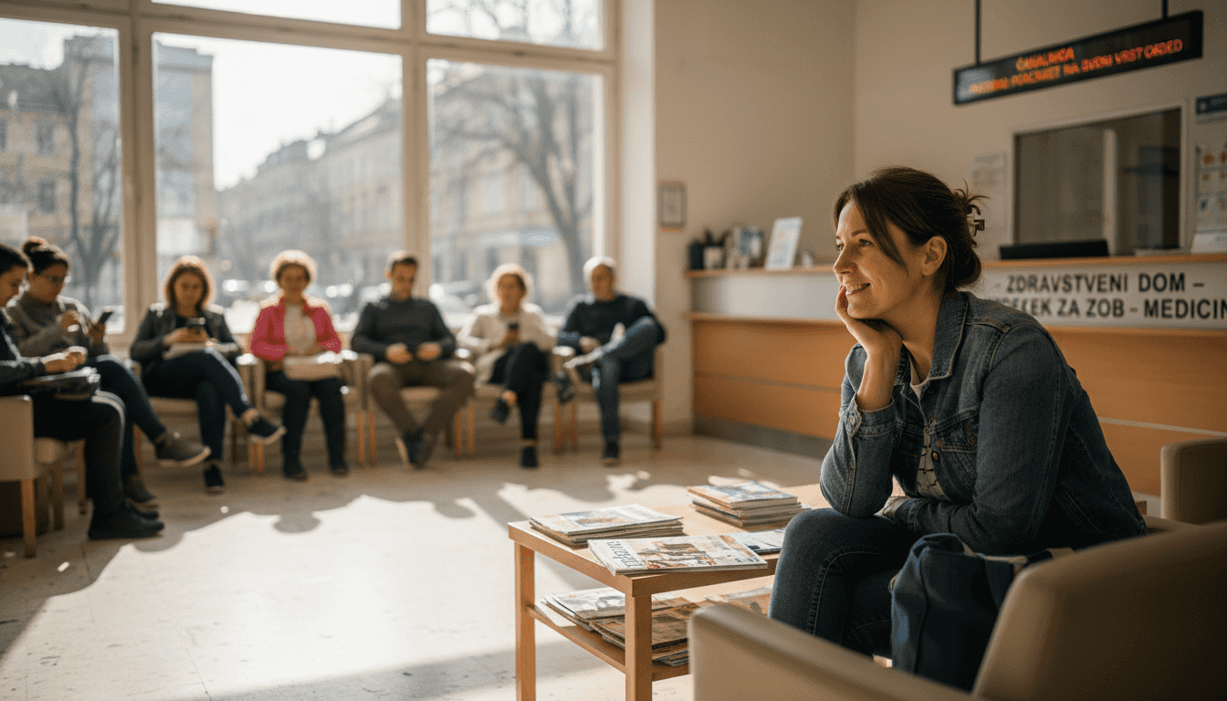 Nasmejana ženska sproščeno čaka v čakalnici zobne ordinacije.