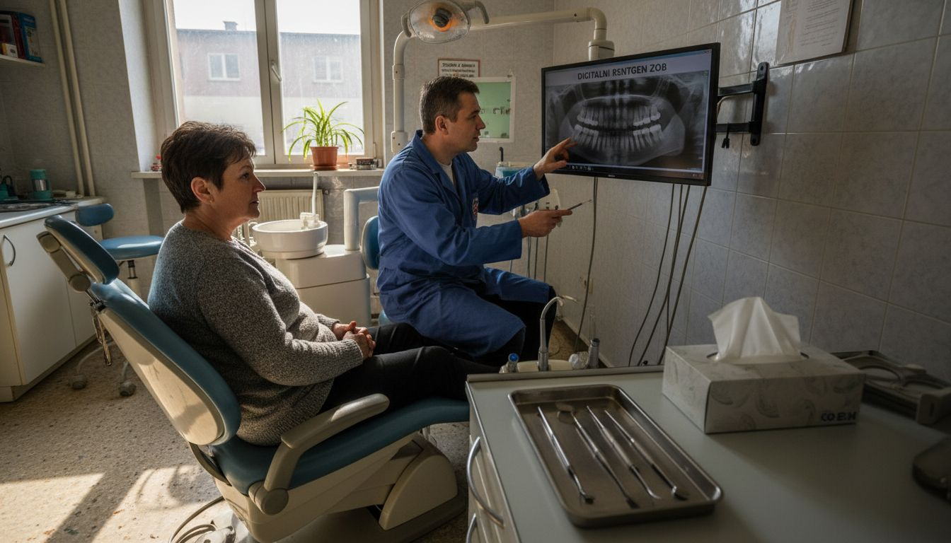 Pacient pozorno posluša zobozdravnika med pregledom v ordinaciji.