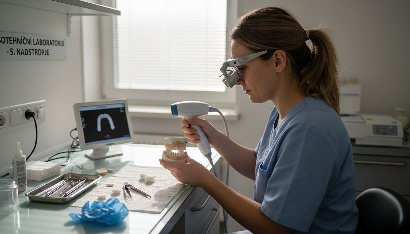 Zobotehnik v laboratoriju skenira zobni model.