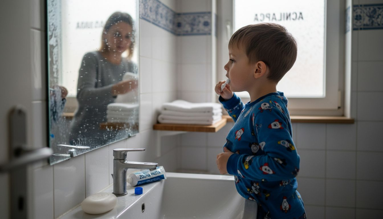 Otrok si v domači kopalnici umiva zobe.