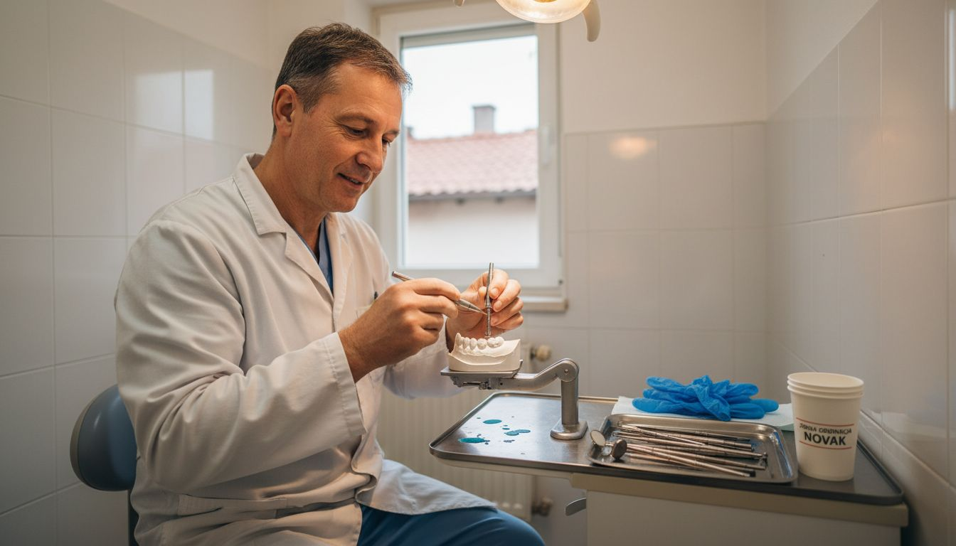 Zobozdravnik v ambulanti vgrajuje zobni implantat.