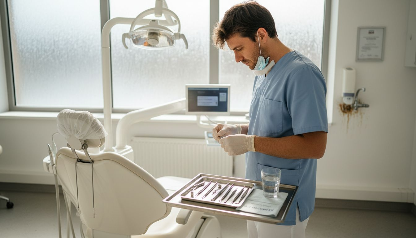 Zobozdravnik v ambulanti pripravlja vse potrebno za vstavitev zobnih implantatov.