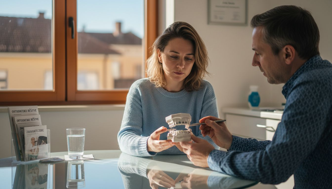 Pacient in zobozdravnik se pogovarjata o različnih vrstah zobnih aparatov.