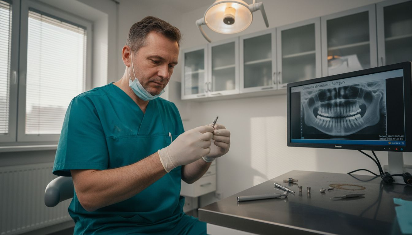 Zobozdravnik v ambulanti natančno pregleduje zobni implantat.