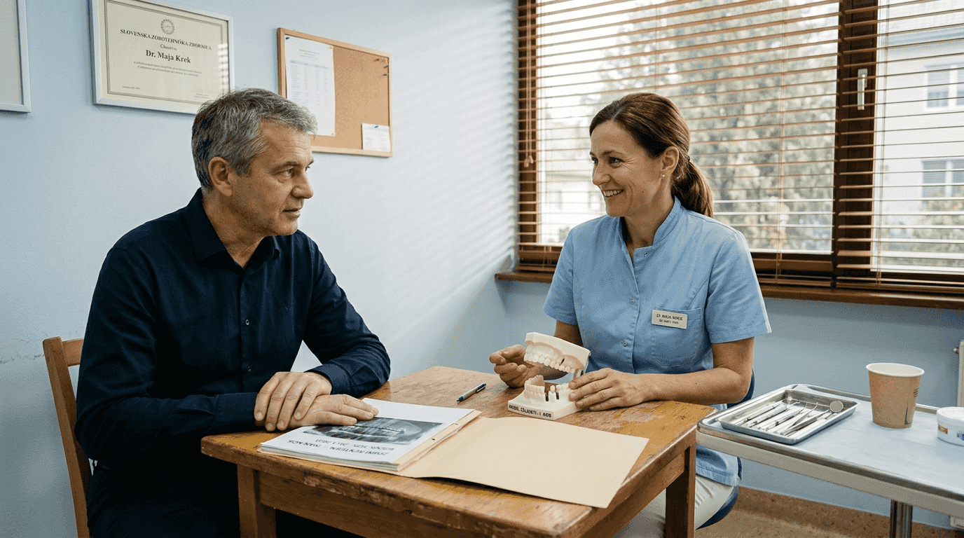 Zobozdravnik se pogovarja z odraslim moškim pacientom o možnosti vstavitve zobnih vsadkov.