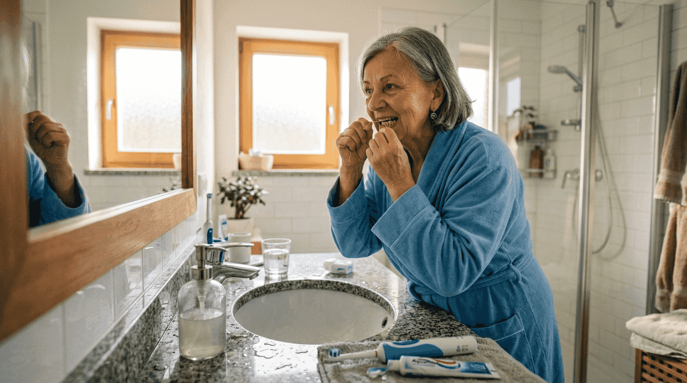 Starejša gospa si z zobno nitko čisti zobe okoli zobnega vsadka.