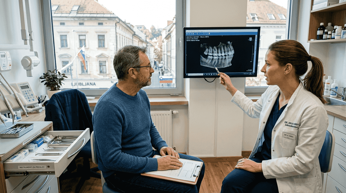 Zobozdravnik se v ljubljanski ordinaciji pogovarja s pacientom in mu svetuje glede zdravja zob.