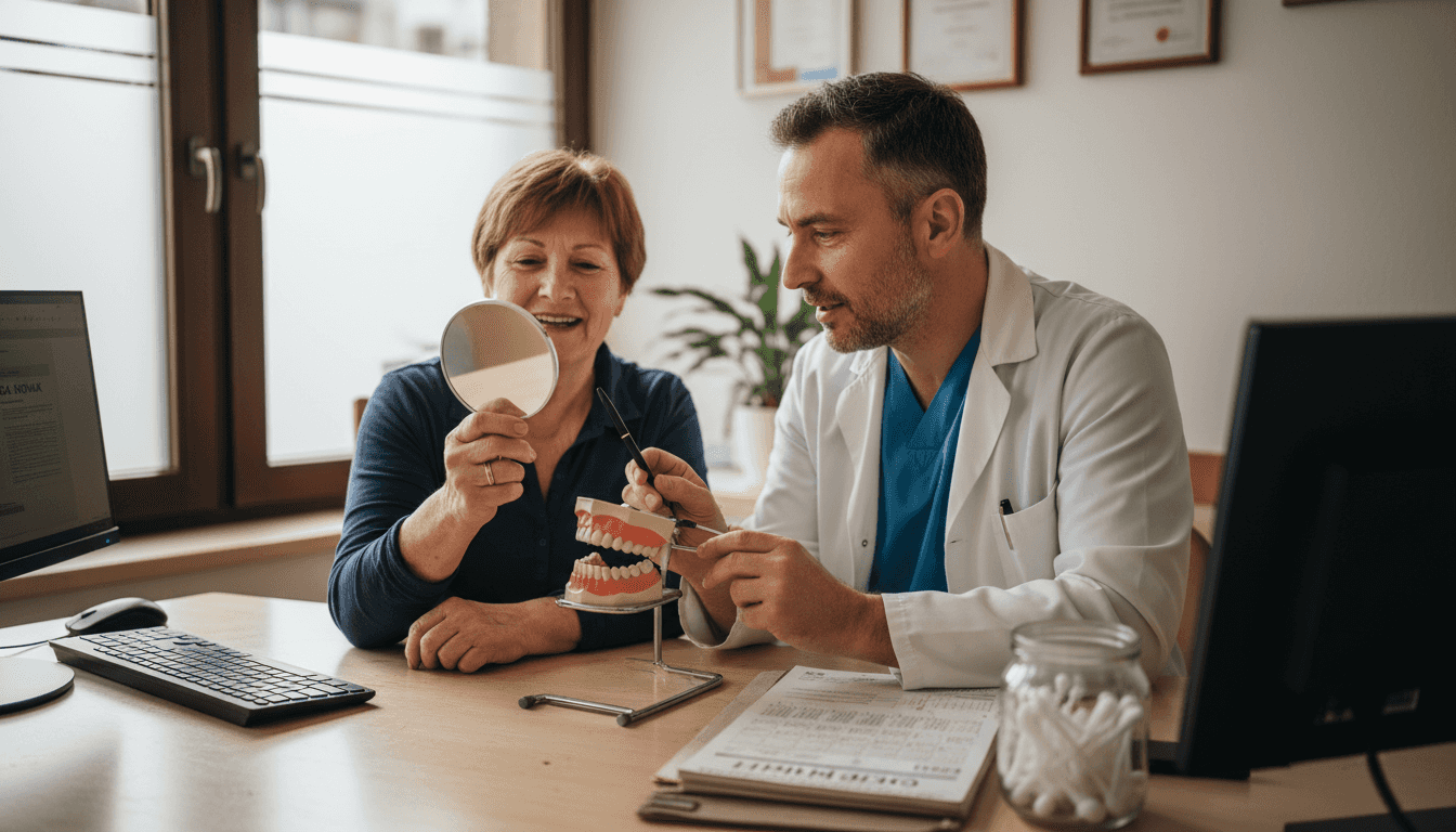 Pacient se z zobozdravnikom pogovarja o možnostih za zobno protezo.