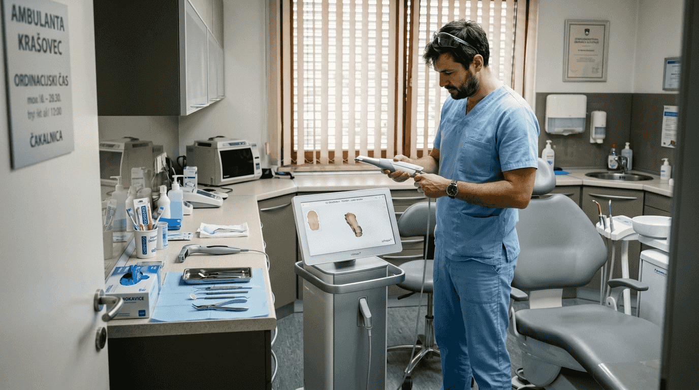 Zobozdravnik v ordinaciji uporablja digitalni intraoralni skener za natančen pregled ustne votline.