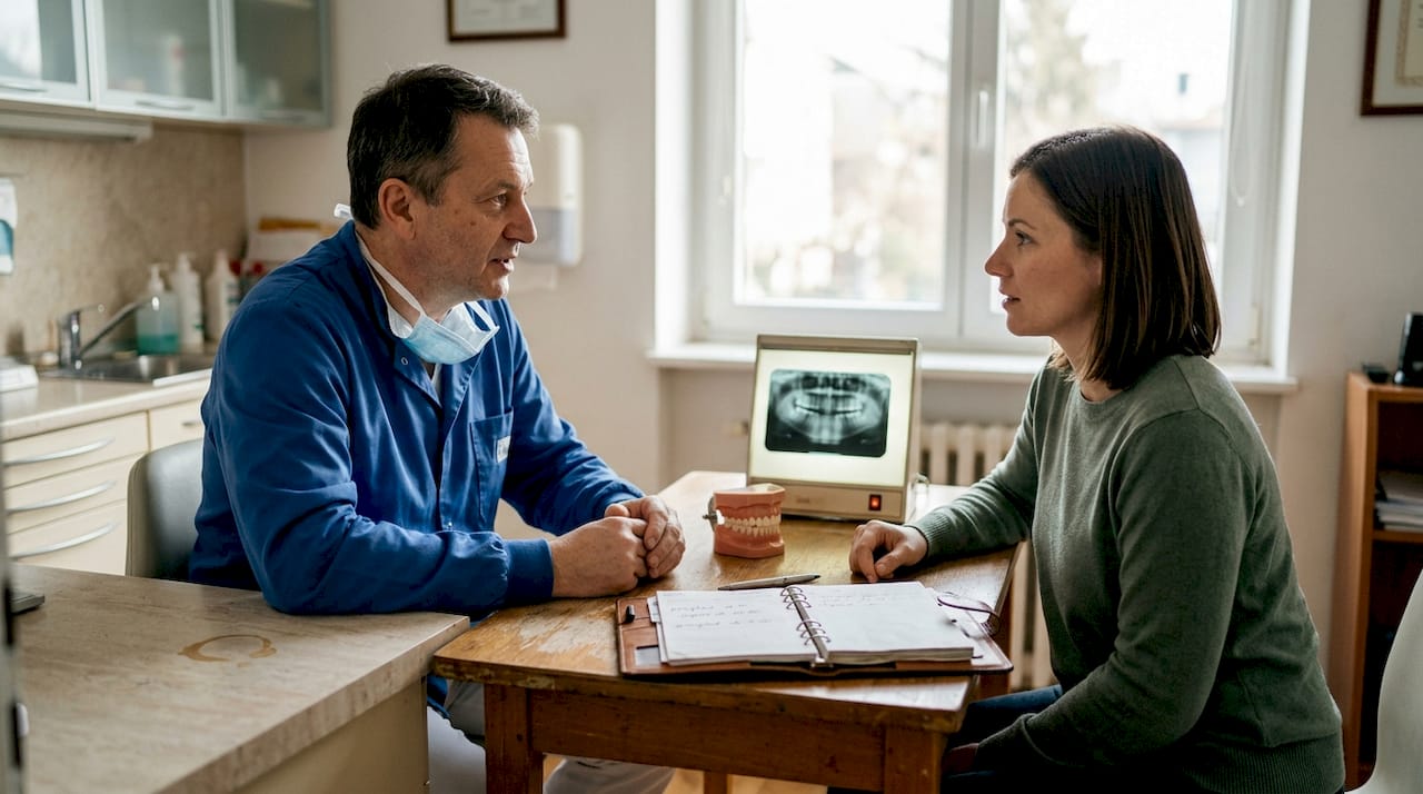 Zobozdravnik se z pacientom pogovarja o možnosti vstavitve zobnih vsadkov.