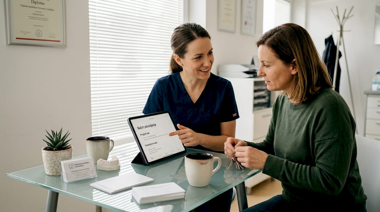 Zobozdravnik skupaj s pacientom pregleduje načrt zdravljenja zob.