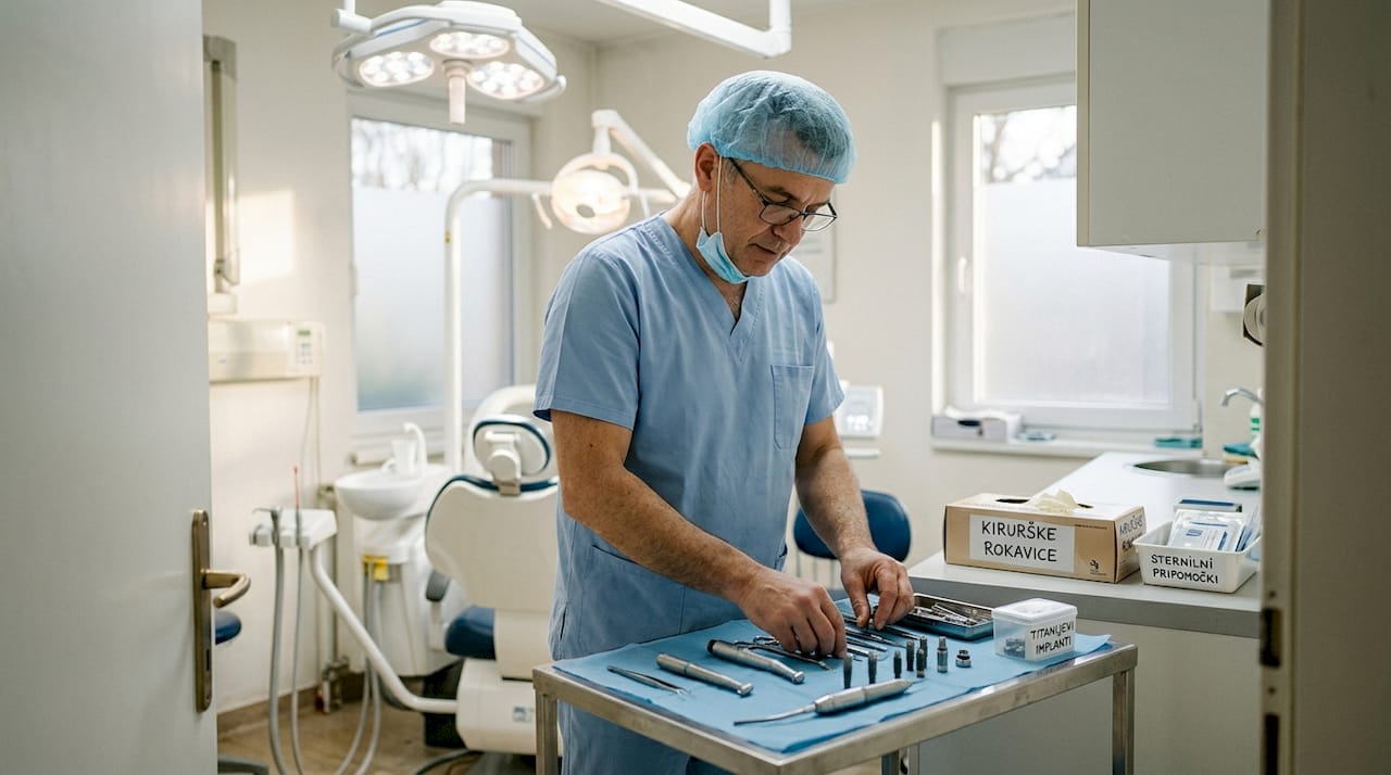 Oralni kirurg se pripravlja na vstavljanje zobnega vsadka.