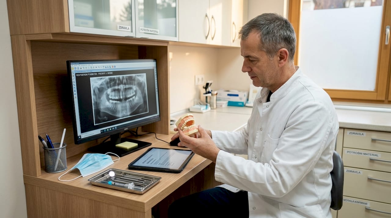 Zobozdravnik za pisalno mizo pregleduje podatke o pacientu.