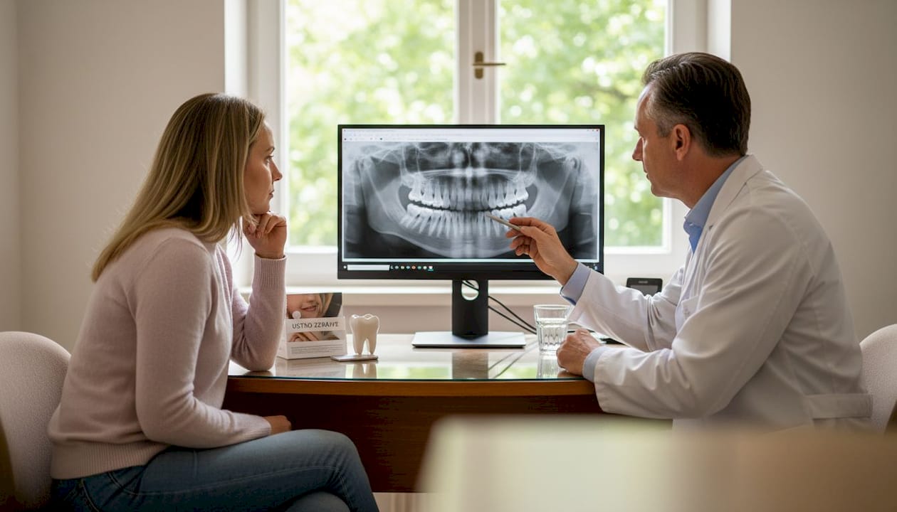 Zdravnik in pacient skupaj pregledujeta rentgensko sliko zob ter se pogovarjata o zdravju in potrebnih posegih.