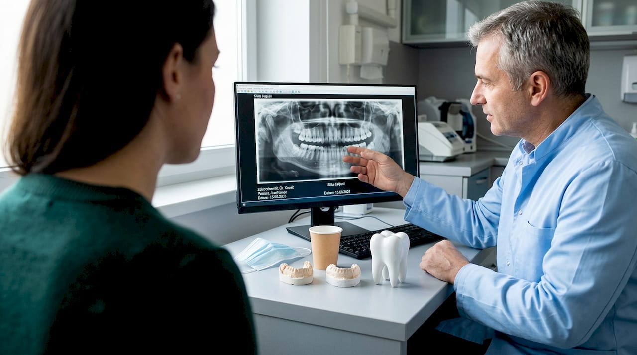 Zobozdravnik skupaj s pacientom pregleduje rentgensko sliko zob in razlaga ugotovitve.