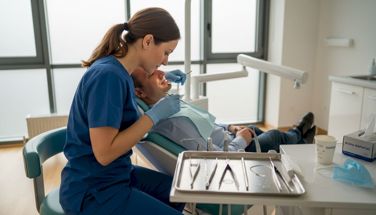 Zobozdravnik v ordinaciji temeljito pregleda bolnikove zobe.