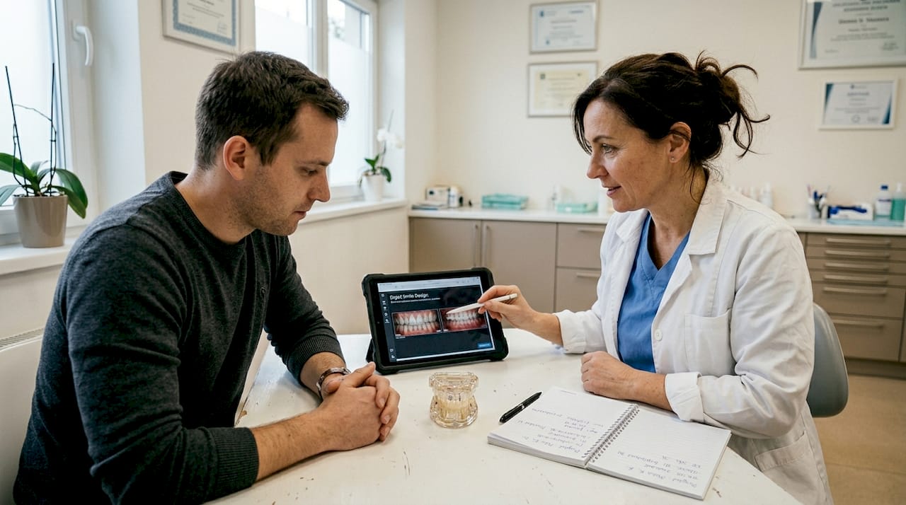 Zobozdravnik in pacient se pogovarjata o različnih možnostih zdravljenja.