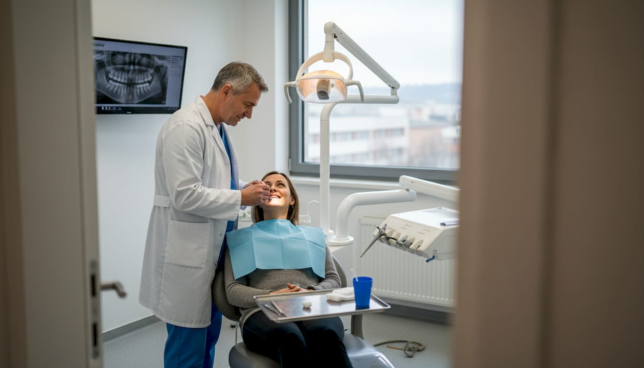 Zobozdravnik v ambulanti pregleduje pacientov nasmeh.