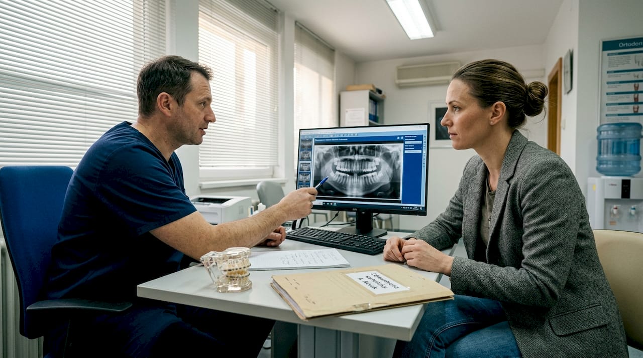 Odrasla ženska se posvetuje z ortodontom v ambulanti.