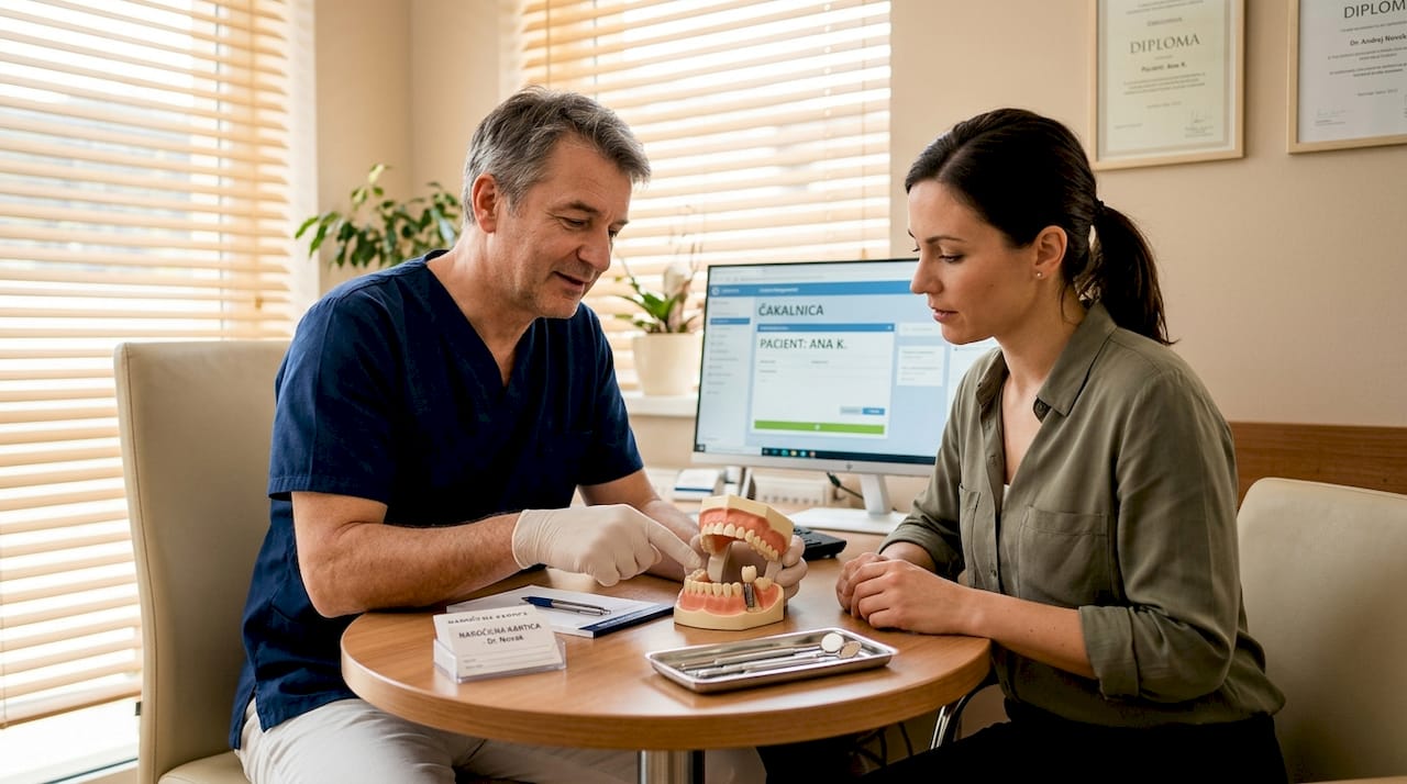 Zobozdravnik pacientu pojasnjuje možnosti za mostiček ali zobni implantat.