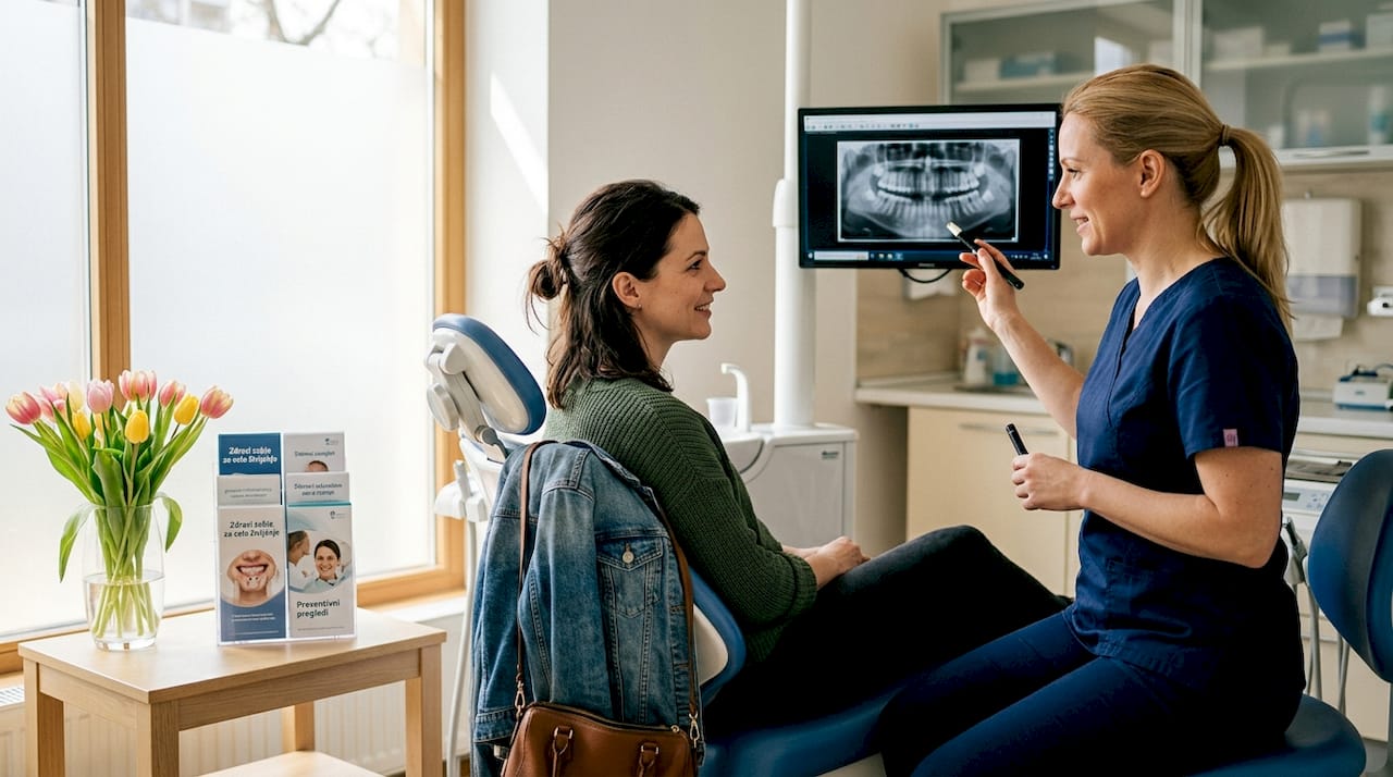 Pacient se posvetuje z zobozdravnikom v zobni ordinaciji.