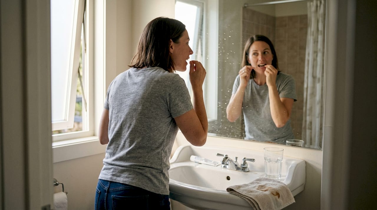 Ženska si v domači kopalnici temeljito očisti zobe z zobno nitko.