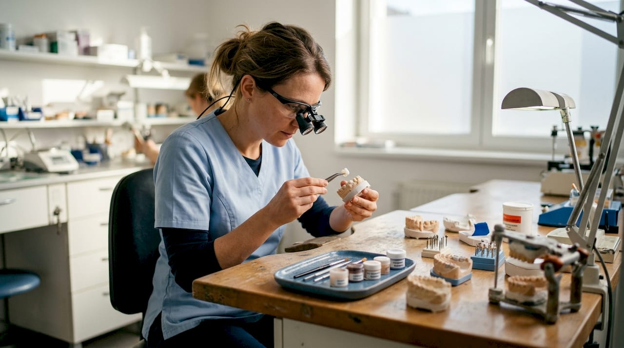 Zobotehnik na delovni mizi natančno obdeluje cirkonijevo krono.