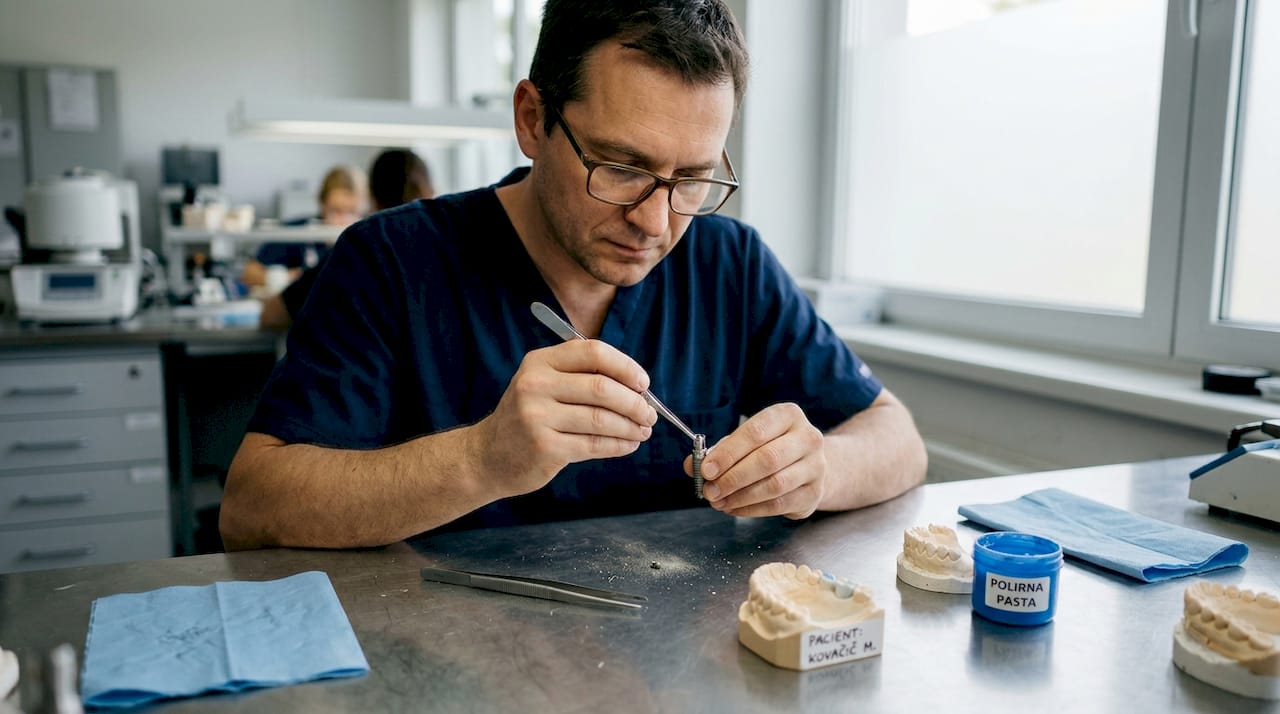 Zobotehnik v laboratoriju natančno prilagaja zobni implantat.
