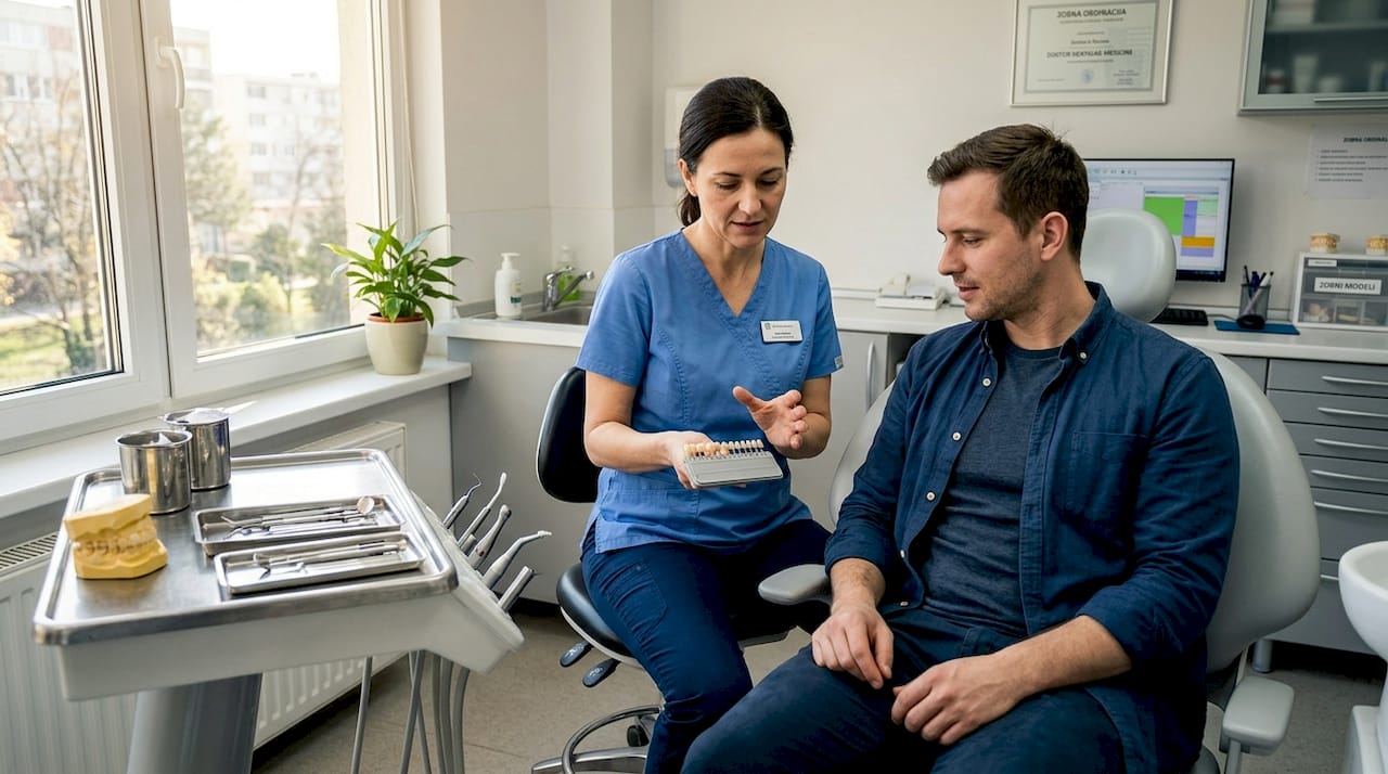 Zobozdravnik skupaj s pacientom izbira primerne zobne kronice ter mu svetuje glede različnih možnosti.