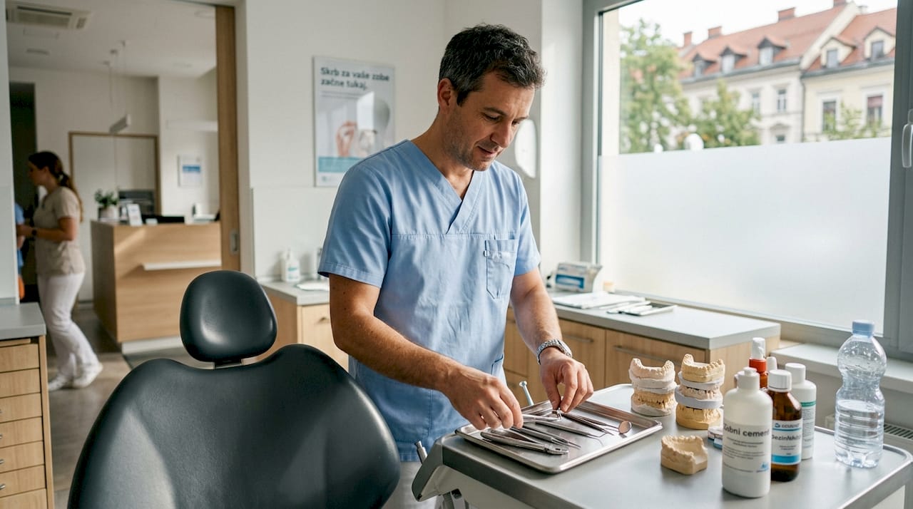 Zobozdravnik v ljubljanski ordinaciji pripravlja inštrumente za naslednjega pacienta.