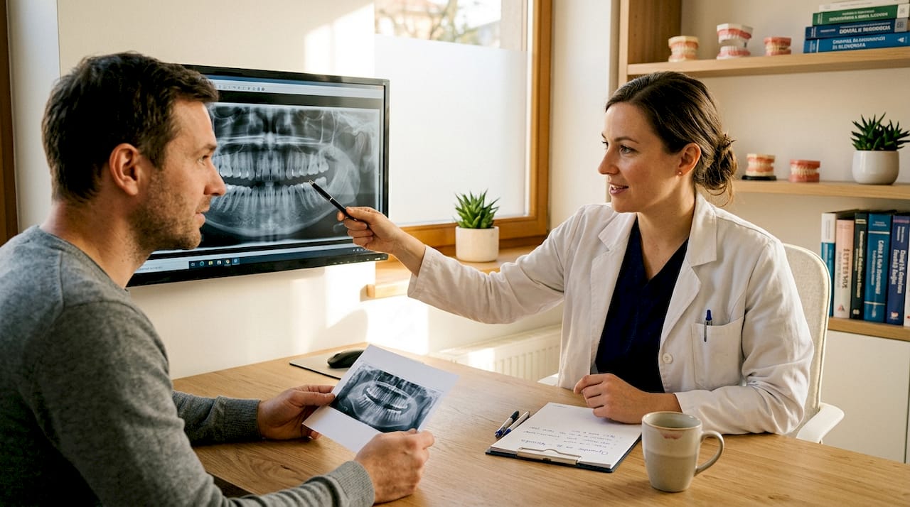Zobozdravnik v ordinaciji pacientu razloži rezultate rentgenskega slikanja in odgovori na njegova vprašanja.