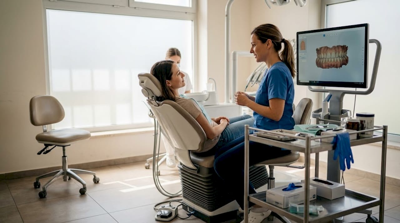 Zobozdravnik skupaj s pacientom pregleduje 3D posnetek zob in razlaga rezultate.