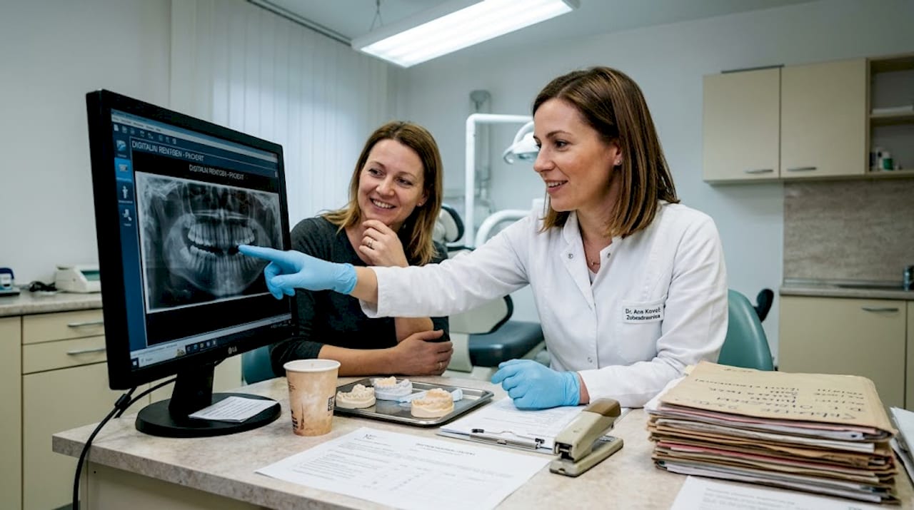 Zobozdravnik se s pacientom pogovarja o izboljšanju nasmeha.