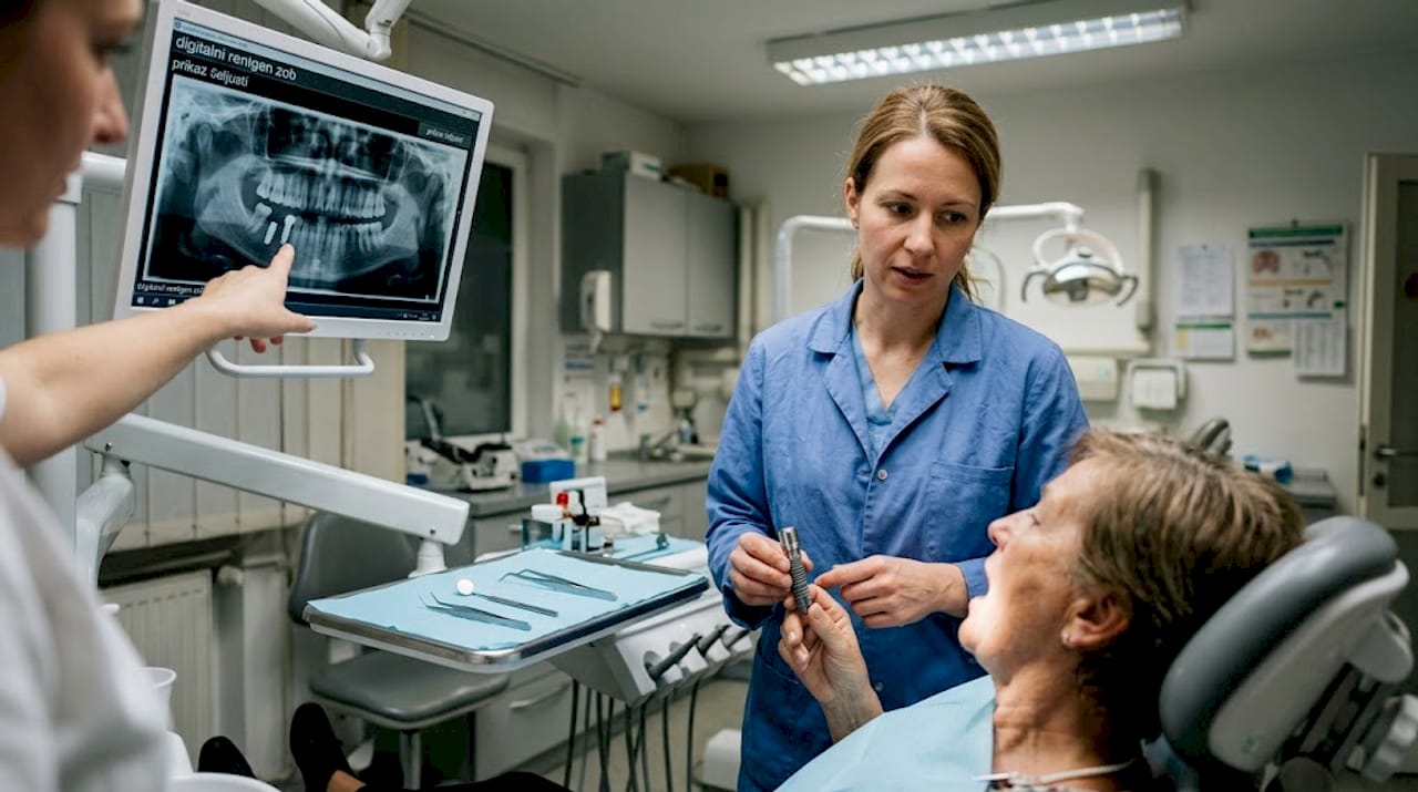 Zobni kirurg v ordinaciji pacientom razlaga, kako izgleda zobni vsadek in kako poteka njegova vstavitev.