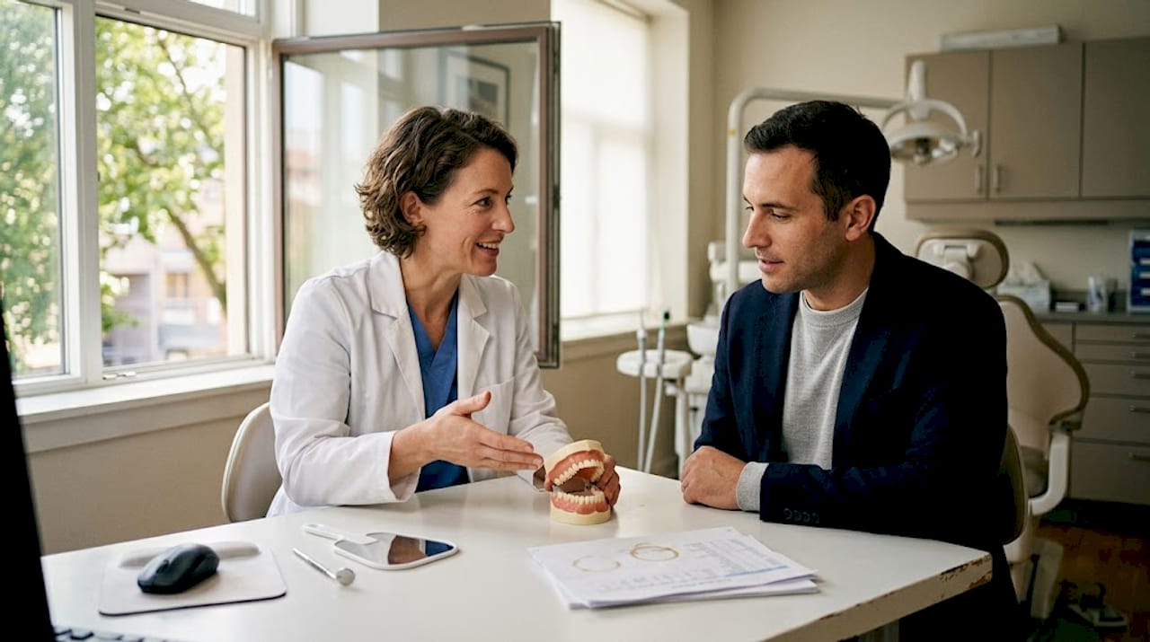 Ortodont se pogovarja z odraslim pacientom med posvetom v ambulanti.