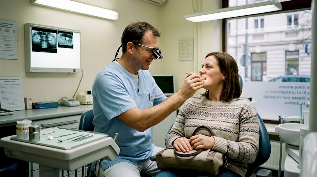 Zobozdravnik v ordinaciji pregleduje pacientu zobe.