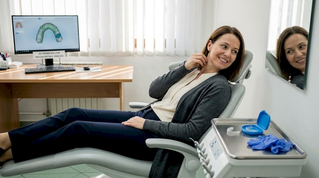 Ženska si v ortodontskem stolu ogleduje svoj nasmeh.