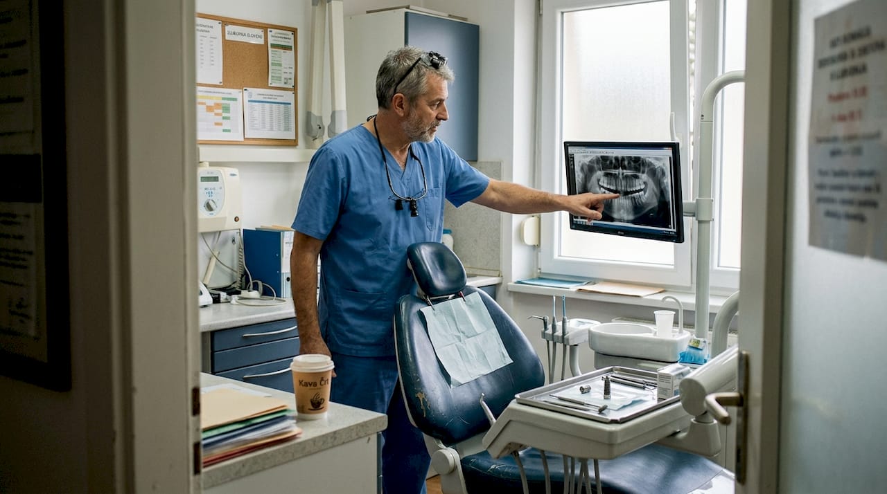 Zobozdravnik v ordinaciji pripravlja orodje za vstavitev zobnega vsadka.