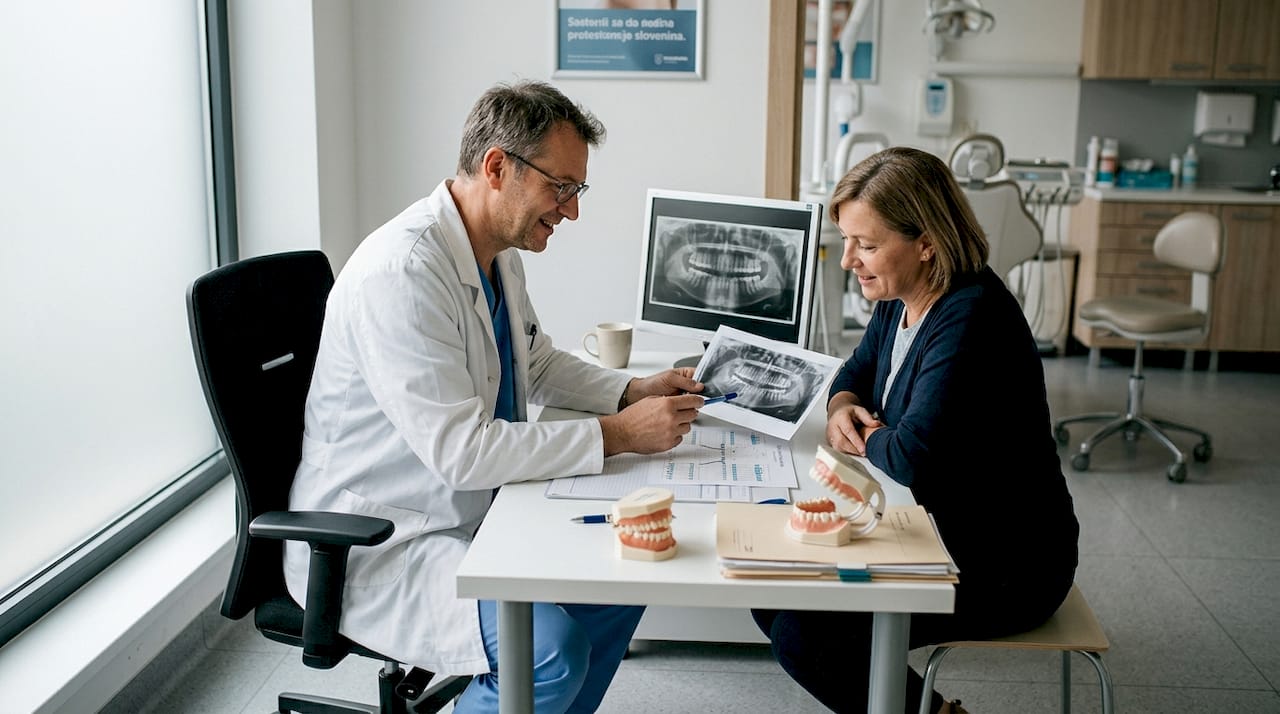 Zobozdravnik si ogleduje rentgenske slike zobnih vsadkov.