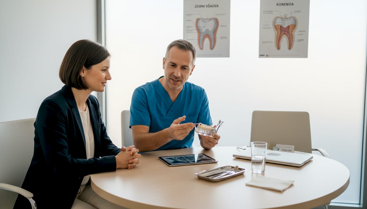 Zobozdravnik se pogovarja s pacientom o možnostih vstavitve zobnih vsadkov.