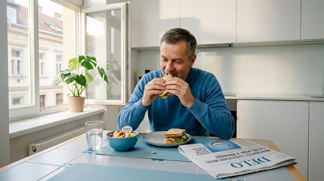Moški uživa ob kosilu v ljubljanski kuhinji.
