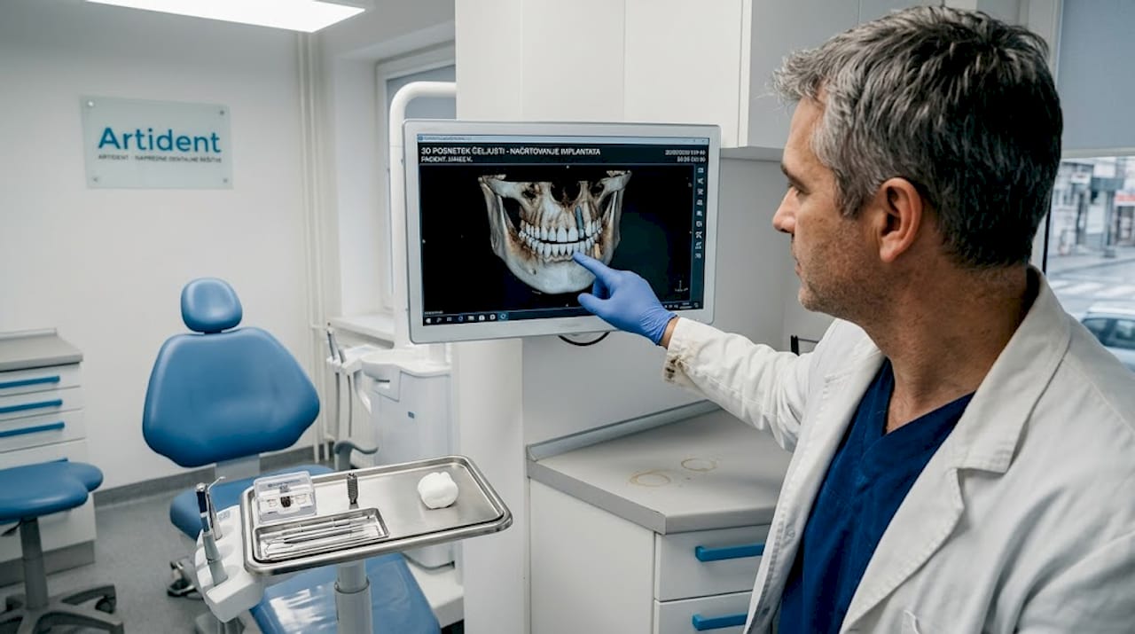 Stomatolog si natančno ogleduje načrtovanje implantatov v 3D tehniki.