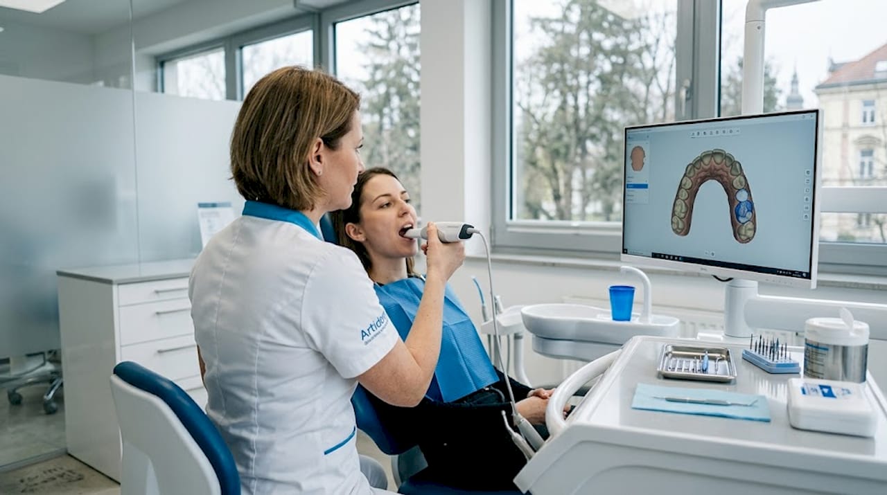 Zobozdravnik pri pregledu uporablja 3D intraoralni skener, s katerim natančno zajame stanje pacientovih zob.