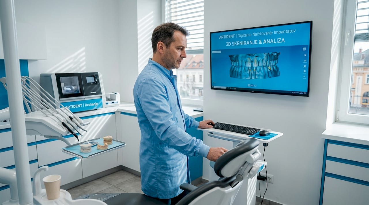 Zobozdravnik pregleduje potek dela pri analizi 3D zobnega posnetka.