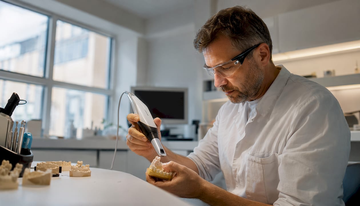 Zobotehnik v laboratoriju uporablja 3D skener za natančno izdelavo zobnih nadomestkov.