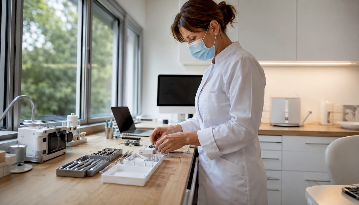 Oralni kirurg v ambulanti pripravlja instrumente za vstavitev zobnega implantata.