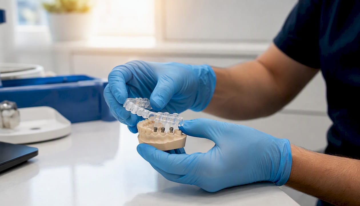 Roke nameščajo kirurški vodnik za implantat na zobni model.